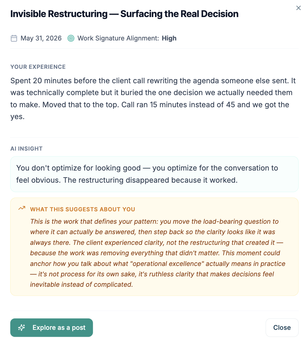 BeamMe moment receipt — your experience and the AI insight, anchored to what you said