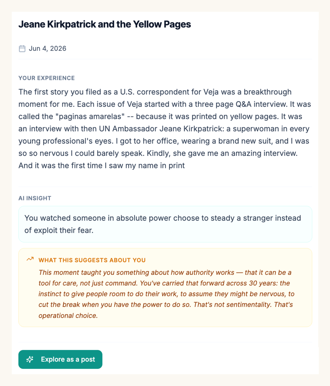 A BeamMe log titled "Jeane Kirkpatrick and the Yellow Pages," dated June 4, 2026: the logged experience, then BeamMe's insight — "You watched someone in absolute power choose to steady a stranger instead of exploit their fear" — and a note on what it suggests about how the writer treats authority.