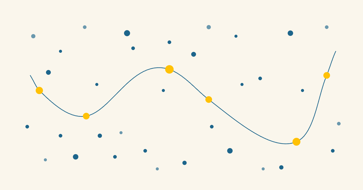 A field of small navy circles, most unconnected, with a few marked in yellow and joined by one thin line running across the field.