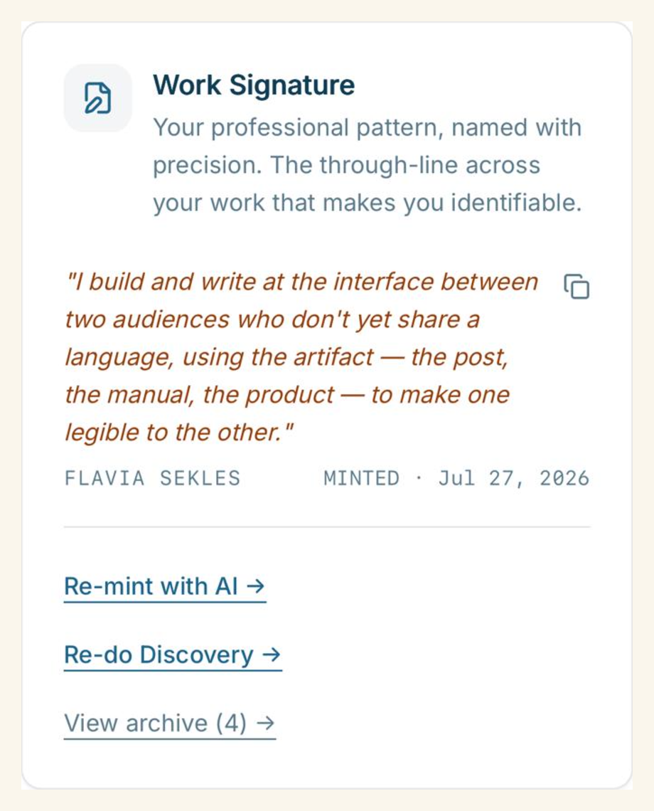 A Work Signature card in BeamMe: Flavia Sekles's signature, minted July 27, 2026.