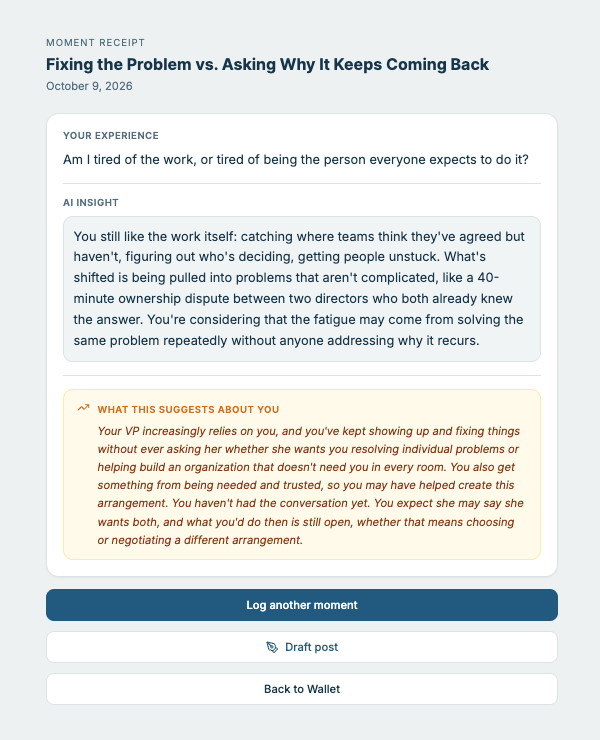 BeamMe moment receipt — your experience and the AI insight, anchored to what you said
